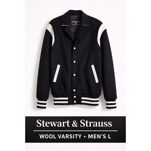 Stewart & Strauss Wool Varsity Jacket Black White Leather Trim Men's L